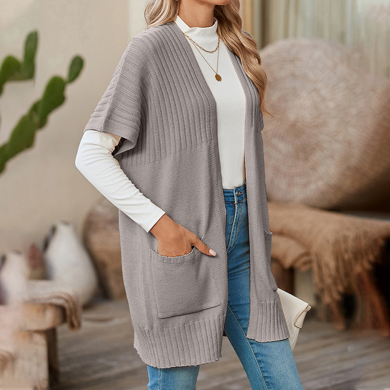 🎁✨Vente à chaud🔥Veste longue unie pour femme, ouverte sur le devant, avec poches ✈️Expédition incluse