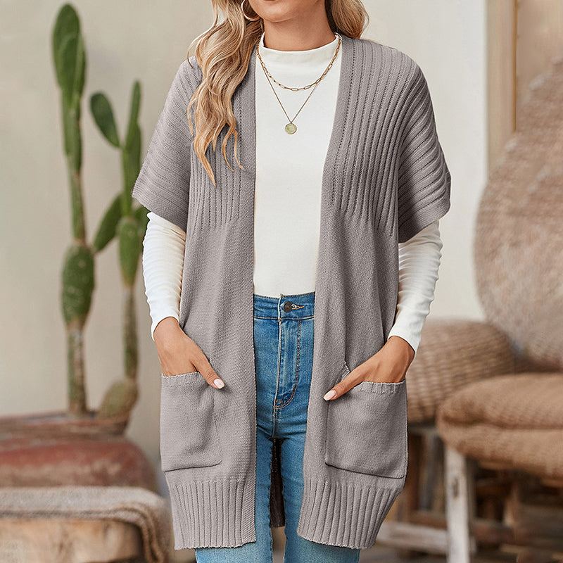🎁✨Vente à chaud🔥Veste longue unie pour femme, ouverte sur le devant, avec poches ✈️Expédition incluse