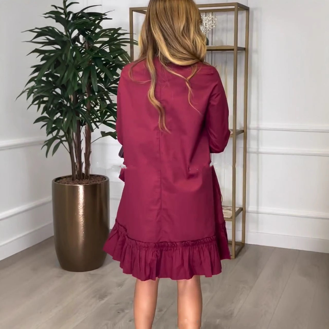 🎅Offre limitée dans le temps - 50%🎄Robe à manches longues à col rond et ourlet plissé pour femmes