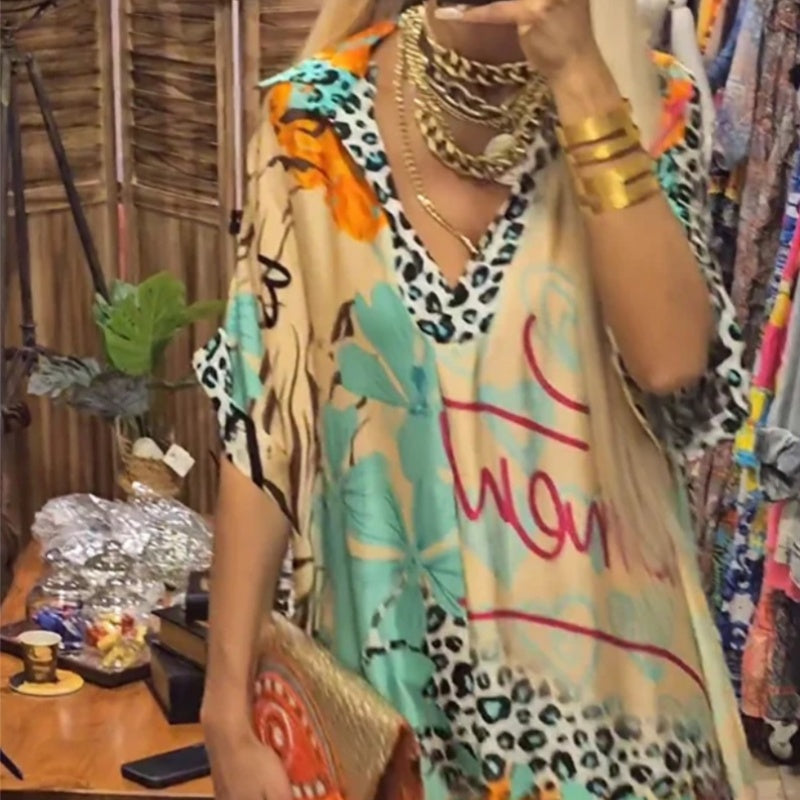 🌸Remise saisonnière 50%🌸Robe imprimée à manches courtes et col en V profond pour femme