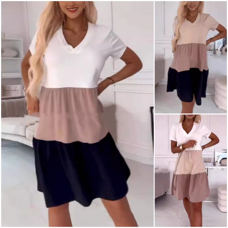 💖Promotions - 50% de réduction💖 Élégante robe longue à col en V et à couleurs contrastées pour femmes