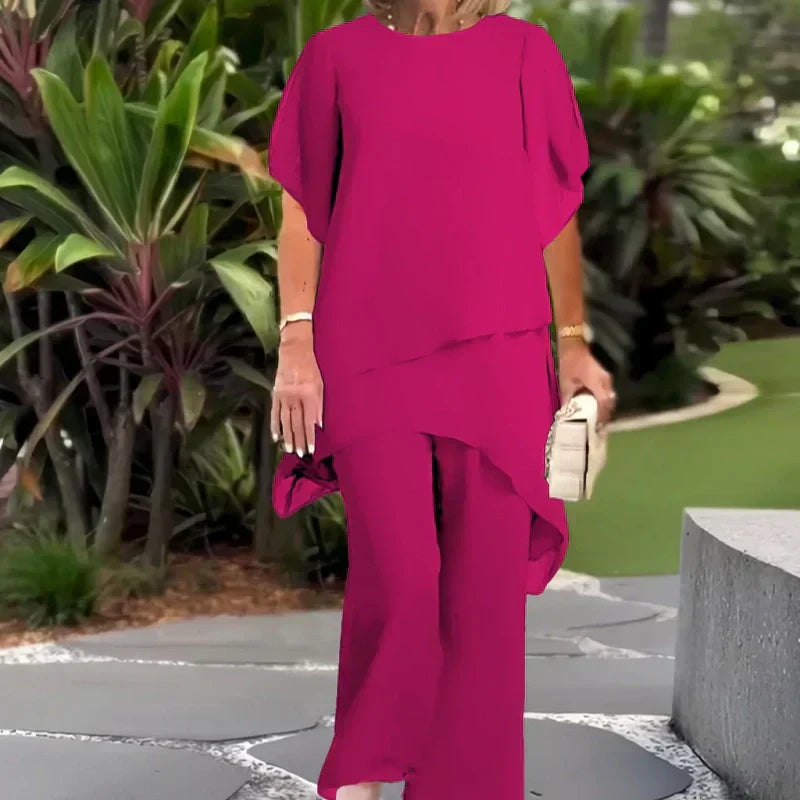 ✨️Nouveaux arrivages✨️Deux-pièces pour femmes : Charmant top asymétrique & pantalon à jambes larges（🔥50 % de réduction）