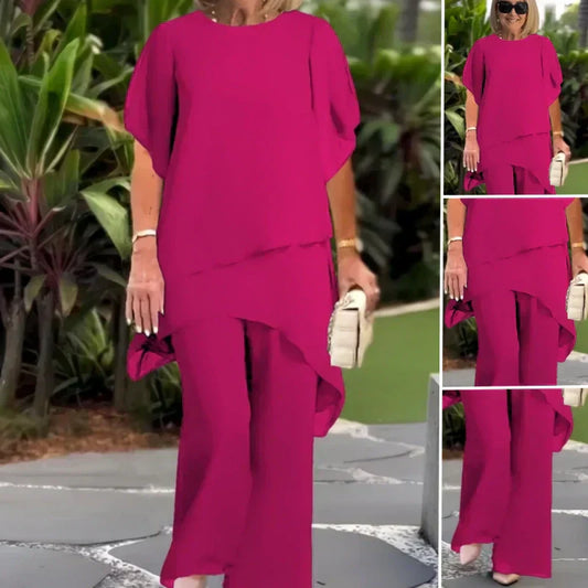 ✨️Nouveaux arrivages✨️Deux-pièces pour femmes : Charmant top asymétrique & pantalon à jambes larges（🔥50 % de réduction）