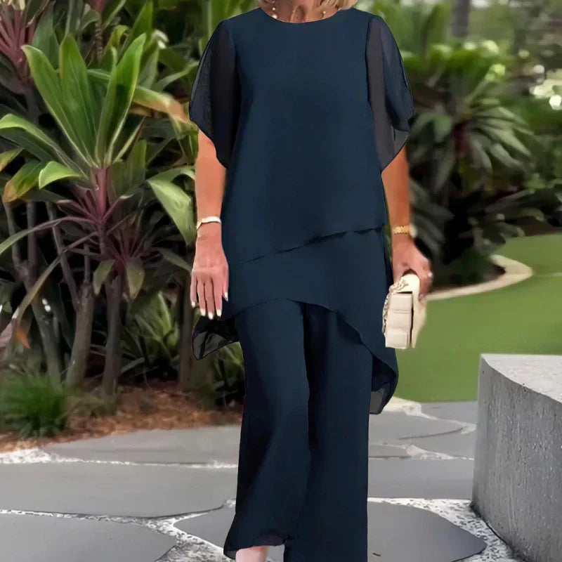 ✨️Nouveaux arrivages✨️Deux-pièces pour femmes : Charmant top asymétrique & pantalon à jambes larges（🔥50 % de réduction）