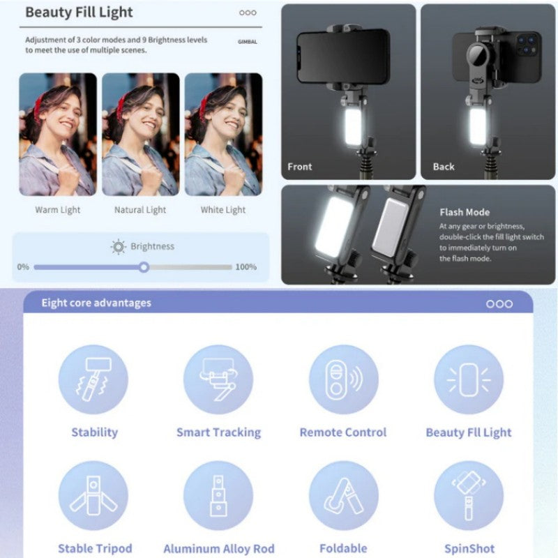Stabilisateur à cardan pliable à 3 axes et rotatif à 360° pour l'enregistrement sur smartphone