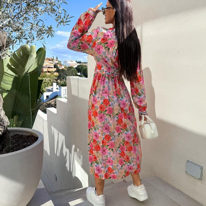 ⏳Réduction limitée de 50%🎁Robe fleurie tendance à manches longues, accentuant la taille, avec col en V et patte de boutonnage