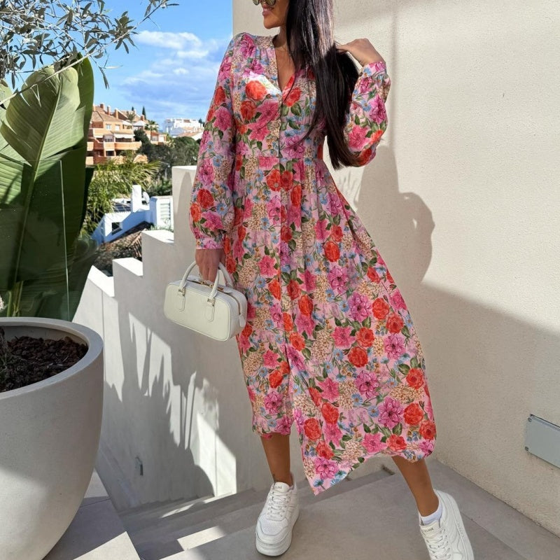⏳Réduction limitée de 50%🎁Robe fleurie tendance à manches longues, accentuant la taille, avec col en V et patte de boutonnage
