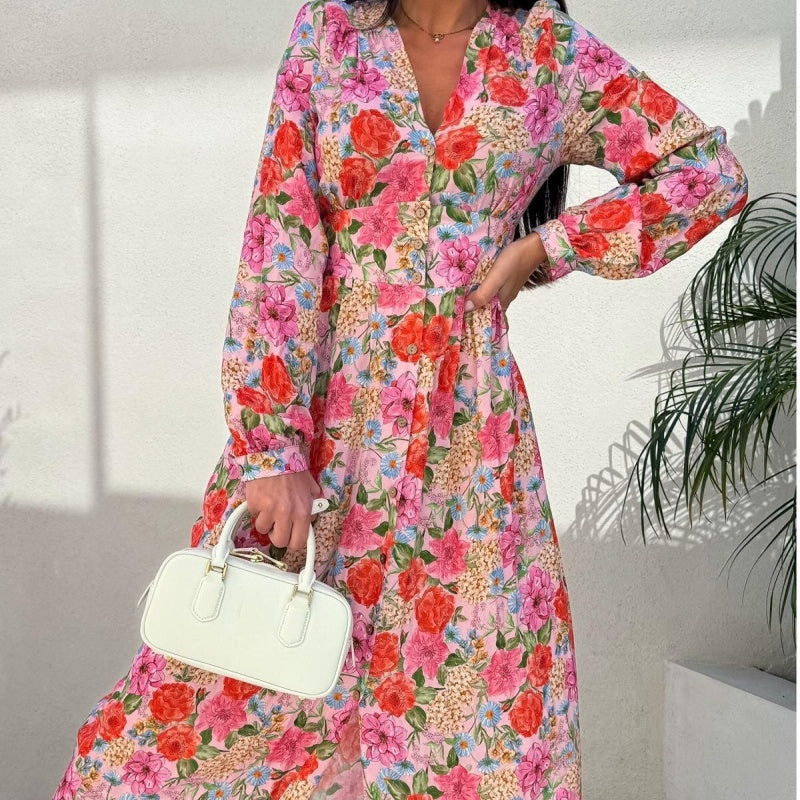 ⏳Réduction limitée de 50%🎁Robe fleurie tendance à manches longues, accentuant la taille, avec col en V et patte de boutonnage