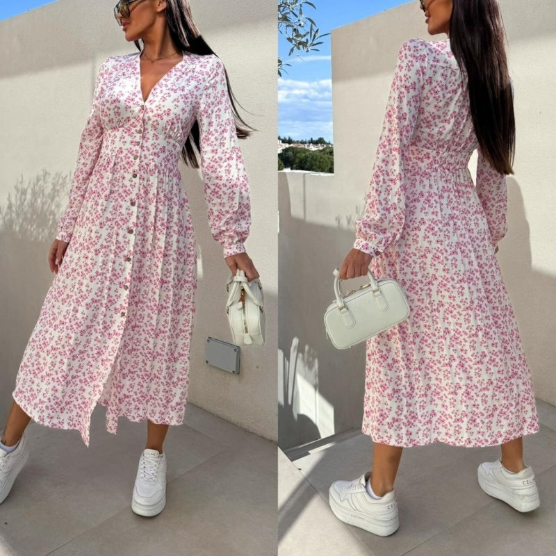 ⏳Réduction limitée de 50%🎁Robe fleurie tendance à manches longues, accentuant la taille, avec col en V et patte de boutonnage