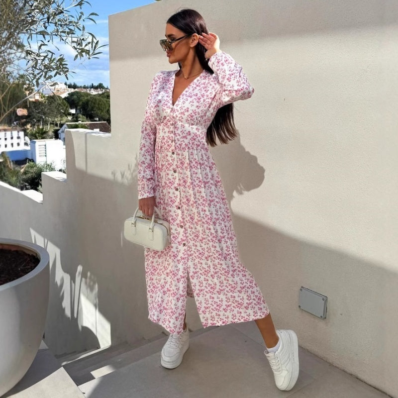 ⏳Réduction limitée de 50%🎁Robe fleurie tendance à manches longues, accentuant la taille, avec col en V et patte de boutonnage
