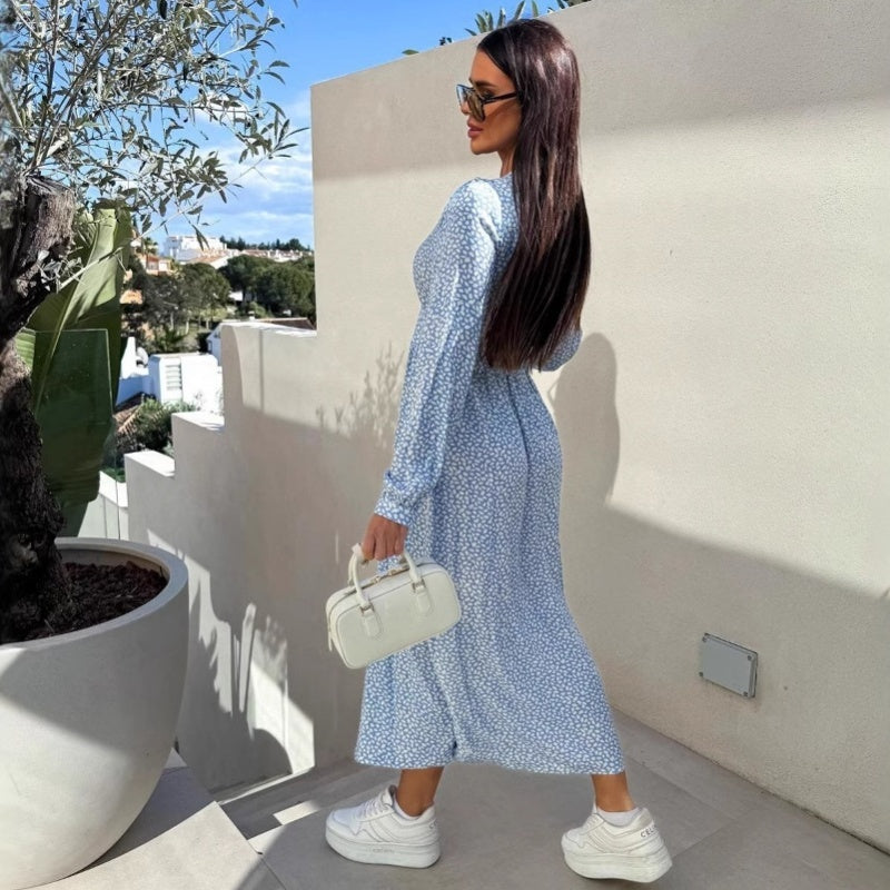 ⏳Réduction limitée de 50%🎁Robe fleurie tendance à manches longues, accentuant la taille, avec col en V et patte de boutonnage