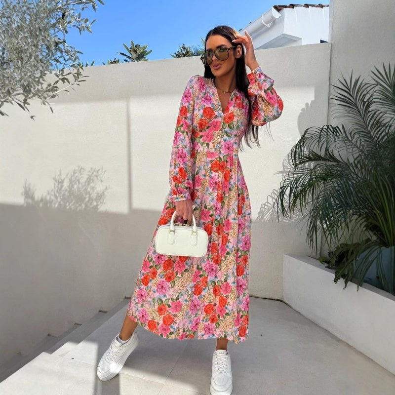 ⏳Réduction limitée de 50%🎁Robe fleurie tendance à manches longues, accentuant la taille, avec col en V et patte de boutonnage