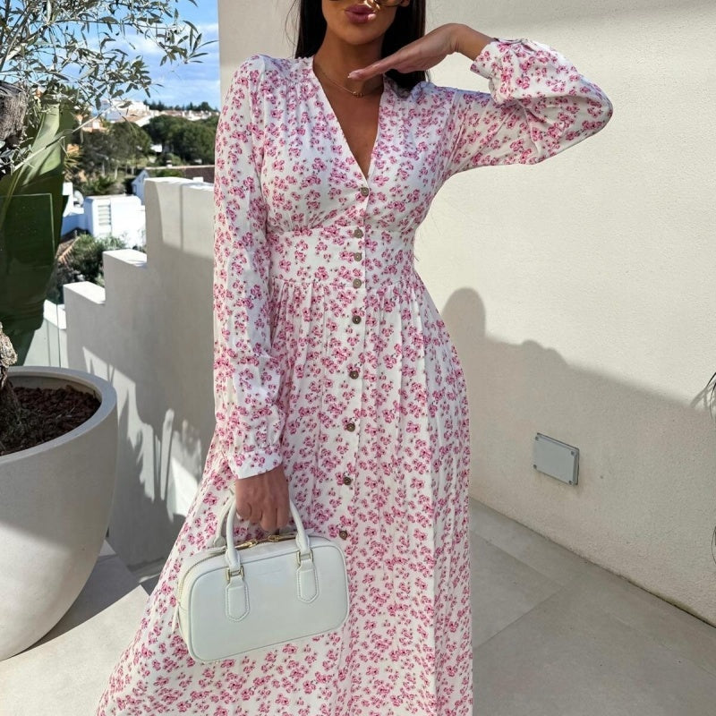 ⏳Réduction limitée de 50%🎁Robe fleurie tendance à manches longues, accentuant la taille, avec col en V et patte de boutonnage
