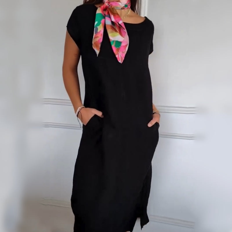 🏖️Soldes d'été 50% de réduction🌼Robe en coton à manches courtes à col rond pour femmes