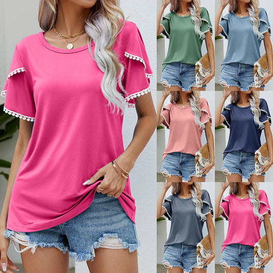 T-shirt décontracté à col rond et manches à pompons pour femme
