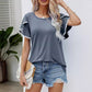 T-shirt décontracté à col rond et manches à pompons pour femme