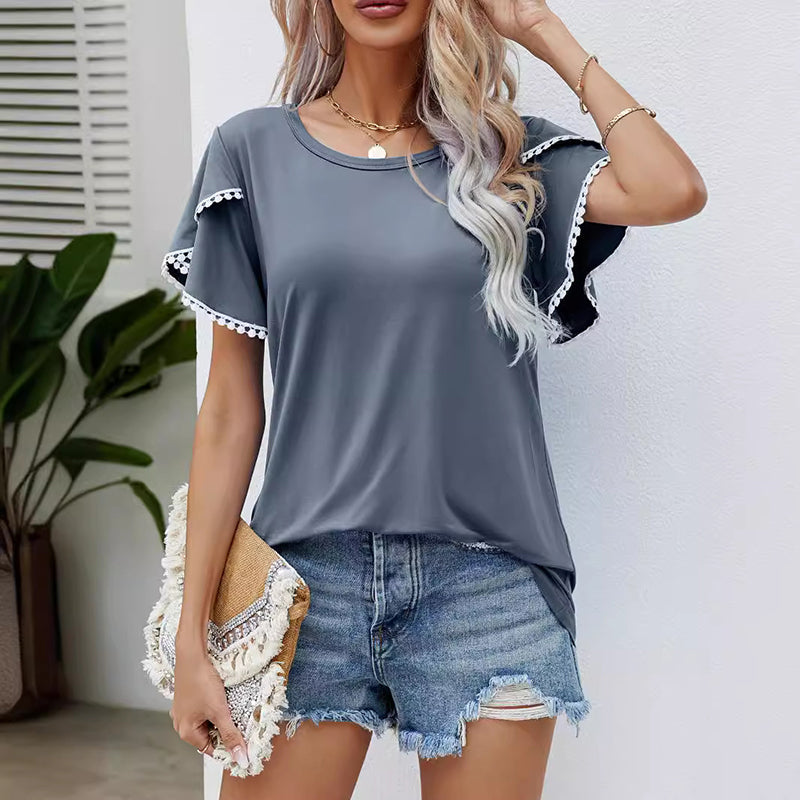 T-shirt décontracté à col rond et manches à pompons pour femme