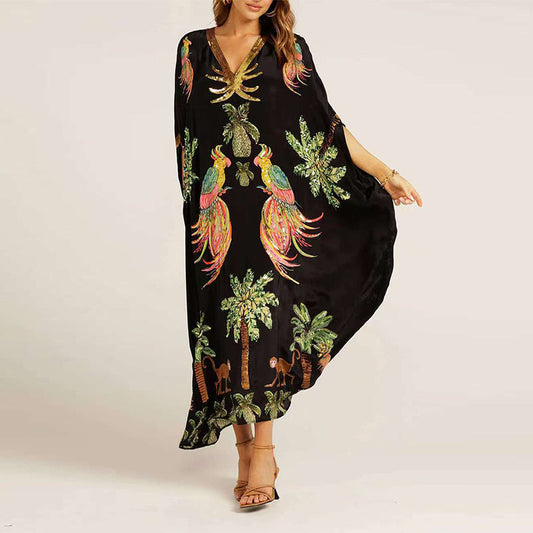 Robe élégante, décontractée, imprimée, avec col en V pour femmes