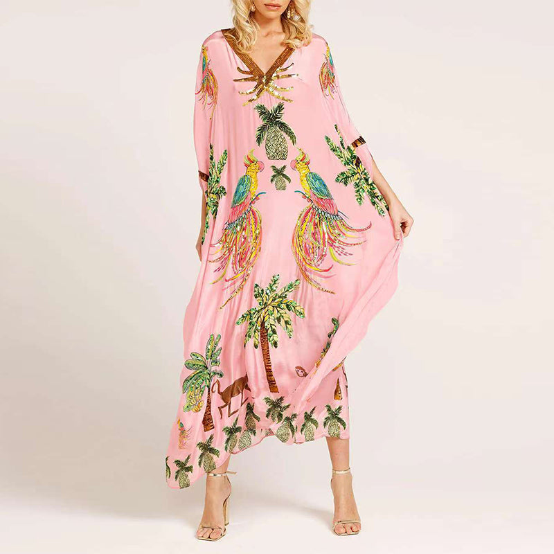 Robe élégante, décontractée, imprimée, avec col en V pour femmes