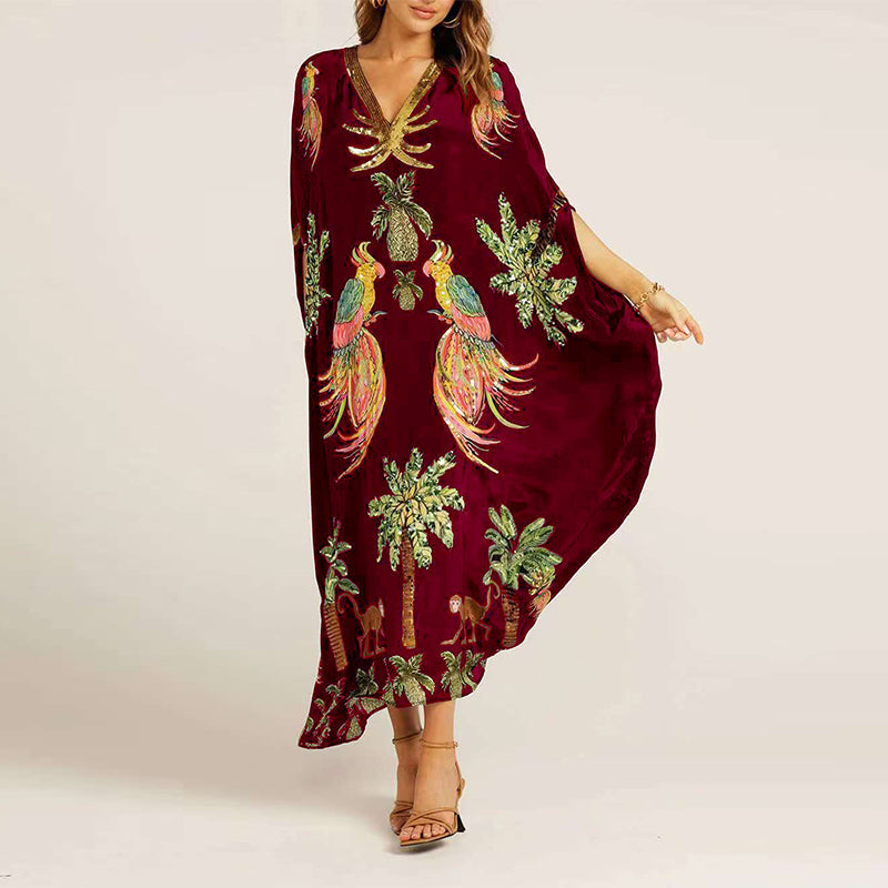 Robe élégante, décontractée, imprimée, avec col en V pour femmes