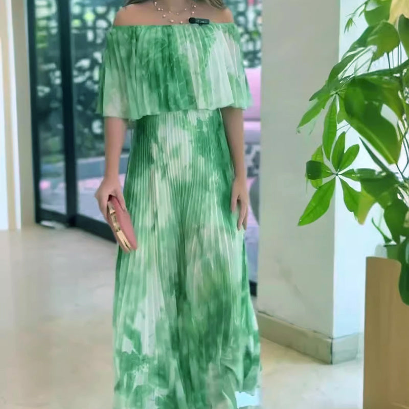 Robe plissée imprimée à épaules dénudées pour femme