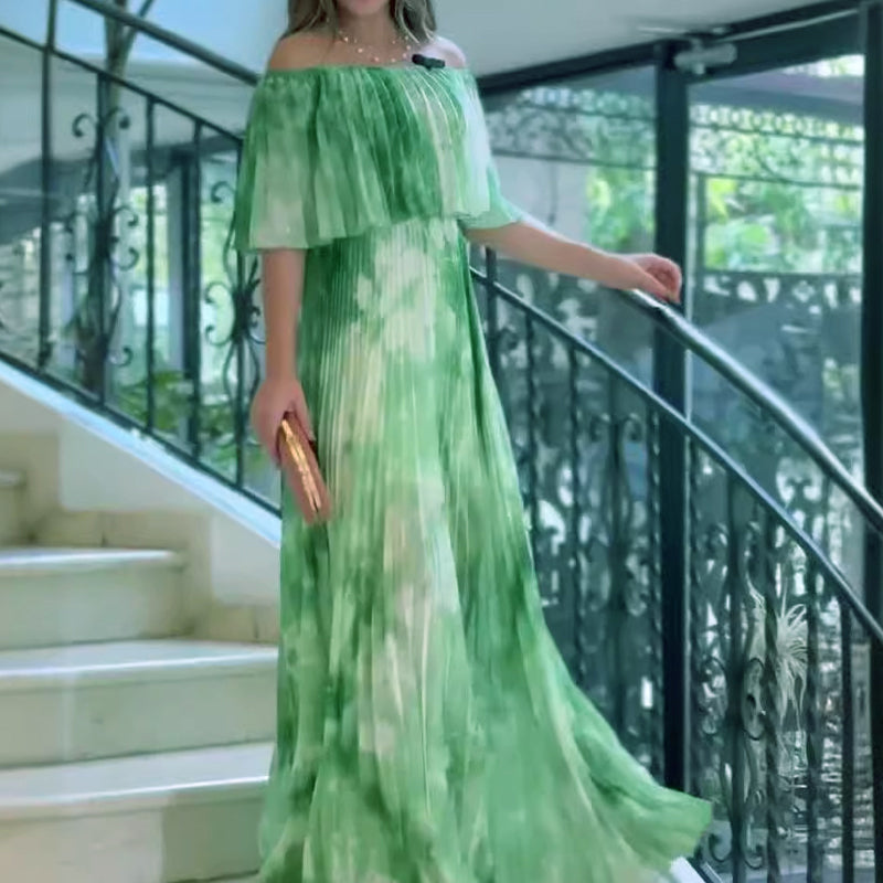 Robe plissée imprimée à épaules dénudées pour femme