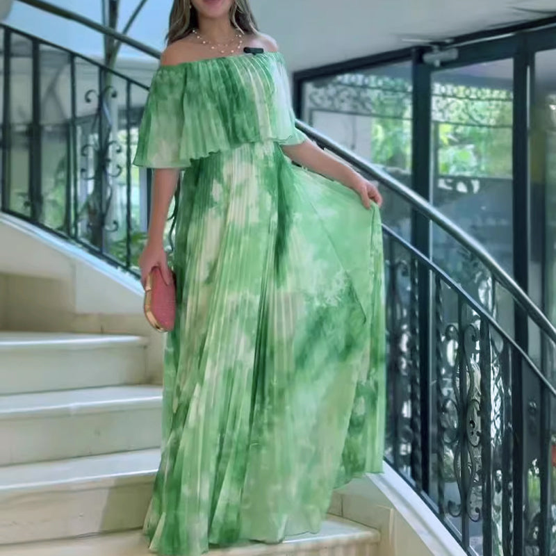 Robe plissée imprimée à épaules dénudées pour femme