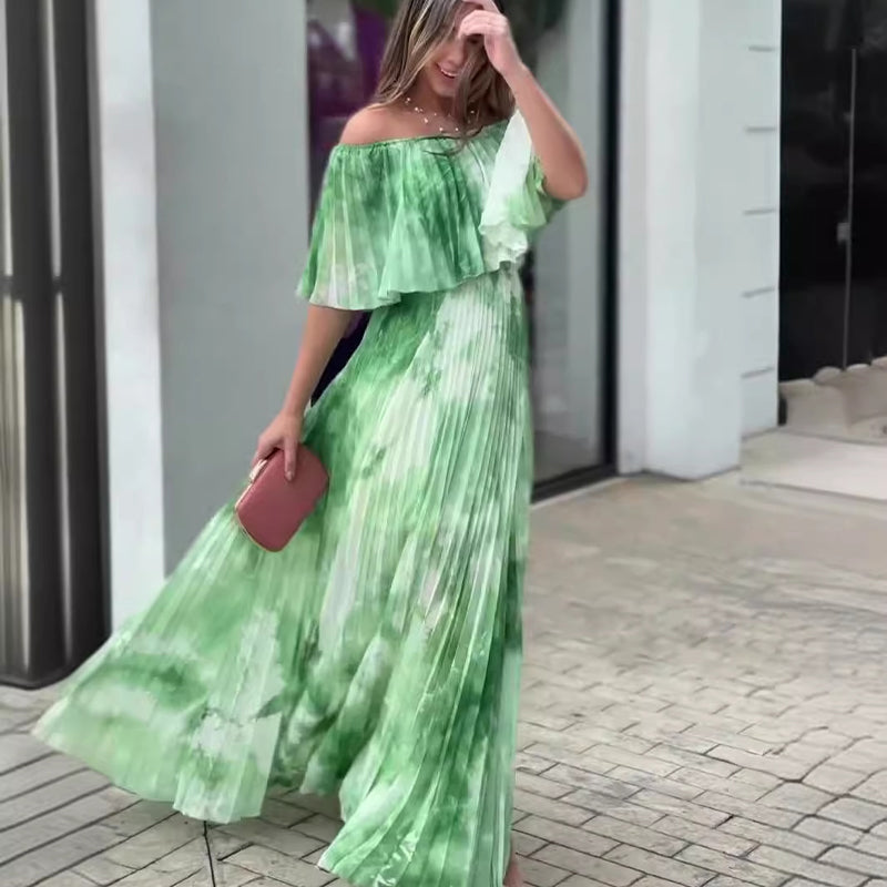 Robe plissée imprimée à épaules dénudées pour femme