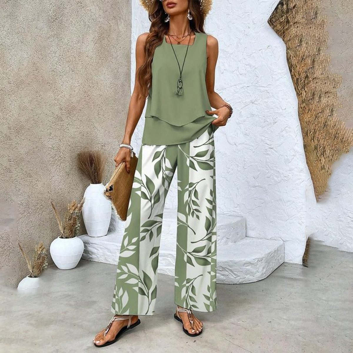 🔥Vente spéciale fête des mères -50 %🌺Tenue 2 pièces tendance pour femme, haut sans manches et pantalon