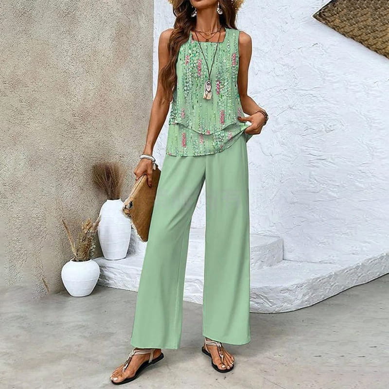 🔥Vente spéciale fête des mères -50 %🌺Tenue 2 pièces tendance pour femme, haut sans manches et pantalon