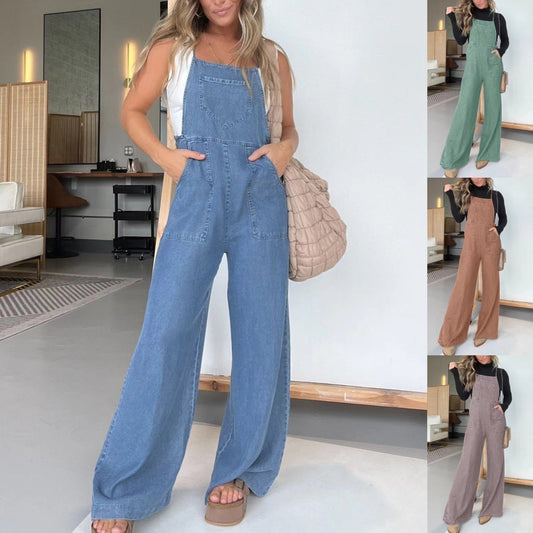 🔥Soldes d'été 50 %✨⛱️Combinaison décontractée sans manches à jambe large en denim pour femmes