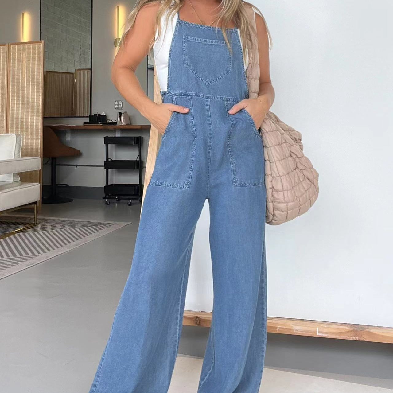 🔥Soldes d'été 50 %✨⛱️Combinaison décontractée sans manches à jambe large en denim pour femmes