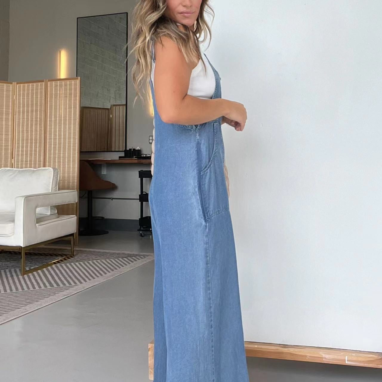 🔥Soldes d'été 50 %✨⛱️Combinaison décontractée sans manches à jambe large en denim pour femmes