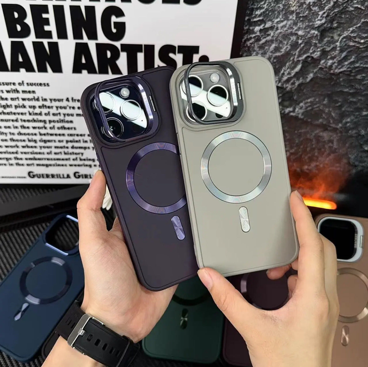 Objectif de luxe Cas de support métallique magnétique pour iPhone(Film d'objectif gratuit）