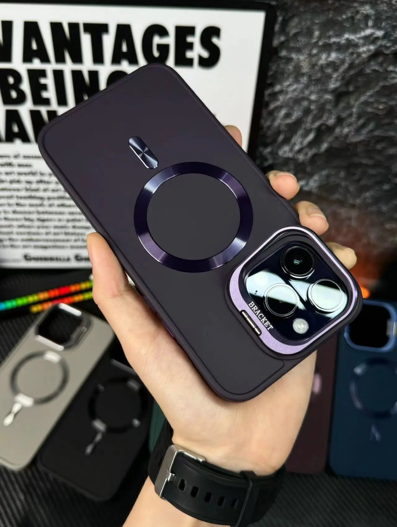 Objectif de luxe Cas de support métallique magnétique pour iPhone(Film d'objectif gratuit）