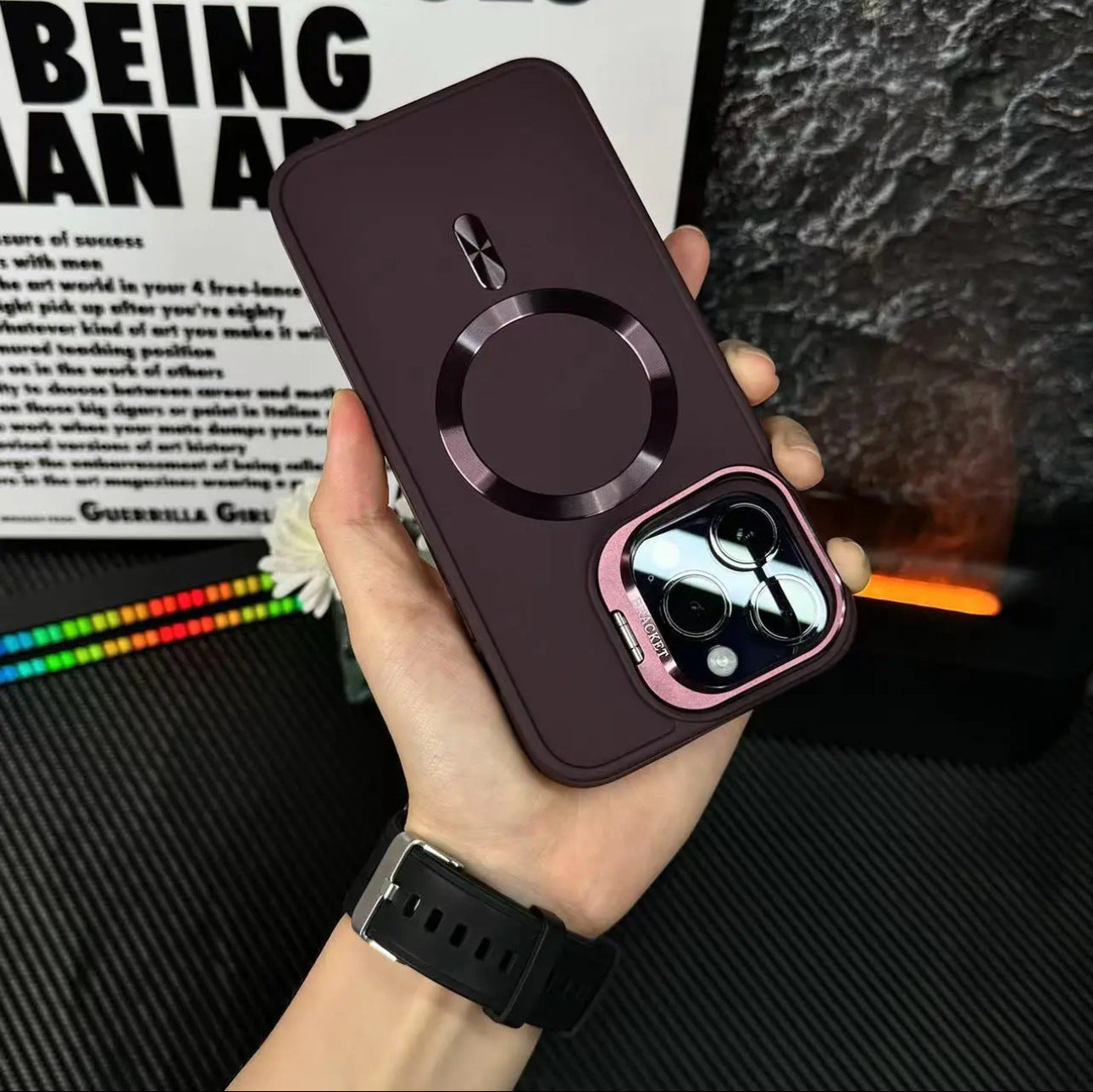 Objectif de luxe Cas de support métallique magnétique pour iPhone(Film d'objectif gratuit）