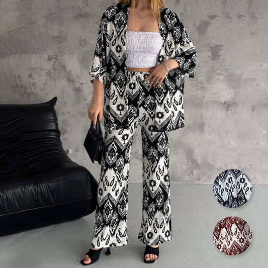 Ensemble deux pièces composé d'un cardigan imprimé à manches mi-longues et d'un pantalon tendance à jambes larges