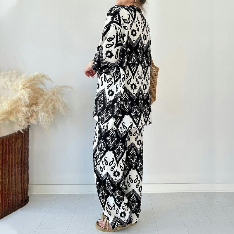 Ensemble deux pièces composé d'un cardigan imprimé à manches mi-longues et d'un pantalon tendance à jambes larges