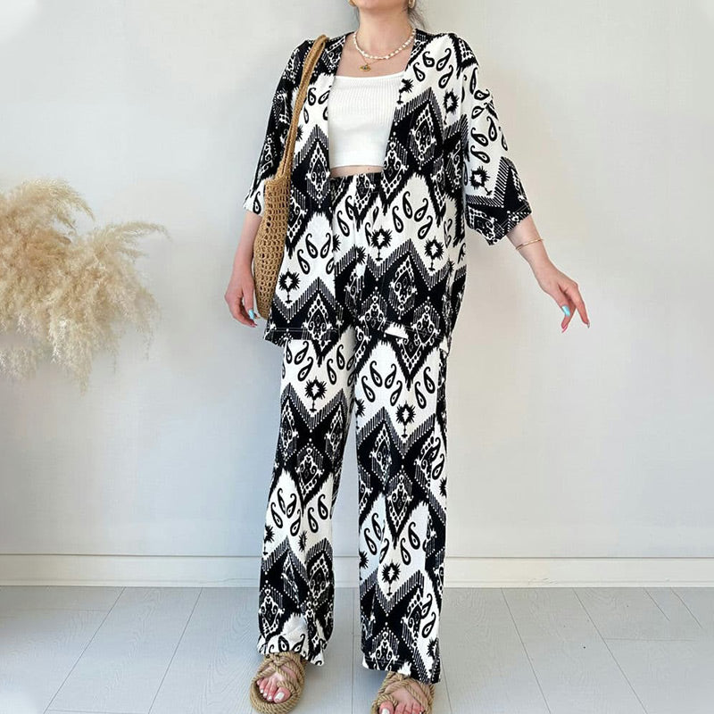 Ensemble deux pièces composé d'un cardigan imprimé à manches mi-longues et d'un pantalon tendance à jambes larges