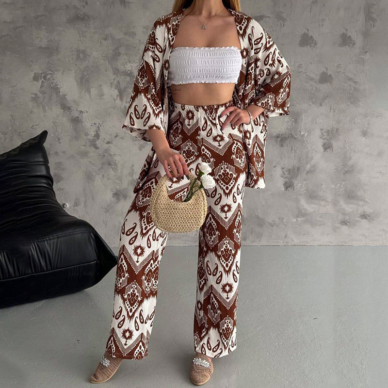 Ensemble deux pièces composé d'un cardigan imprimé à manches mi-longues et d'un pantalon tendance à jambes larges