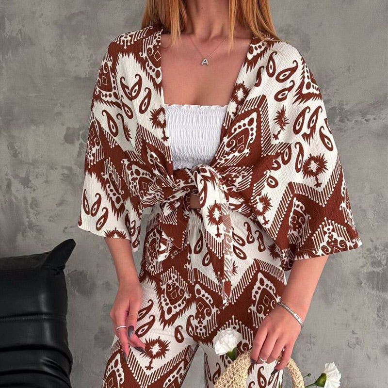 Ensemble deux pièces composé d'un cardigan imprimé à manches mi-longues et d'un pantalon tendance à jambes larges