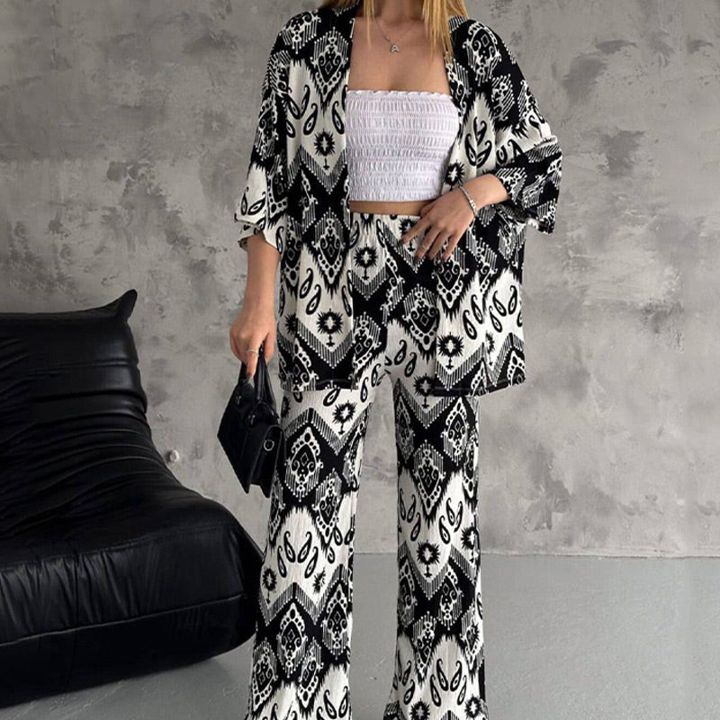 Ensemble deux pièces composé d'un cardigan imprimé à manches mi-longues et d'un pantalon tendance à jambes larges
