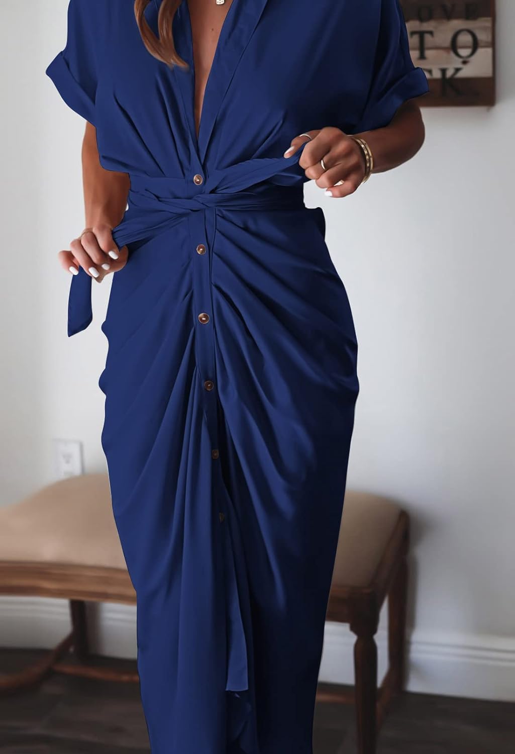 Robe chemise boutonnée en satin pour femme