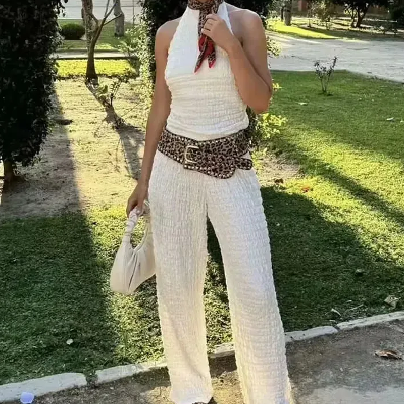 ⏳Temps limité 50% de réduction💥Lot de 2 femmes avec haut dos-nu sexy et taille élastique Pantalon décontracté à jambes larges