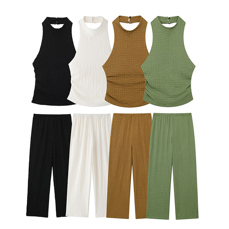 ⏳Temps limité 50% de réduction💥Lot de 2 femmes avec haut dos-nu sexy et taille élastique Pantalon décontracté à jambes larges