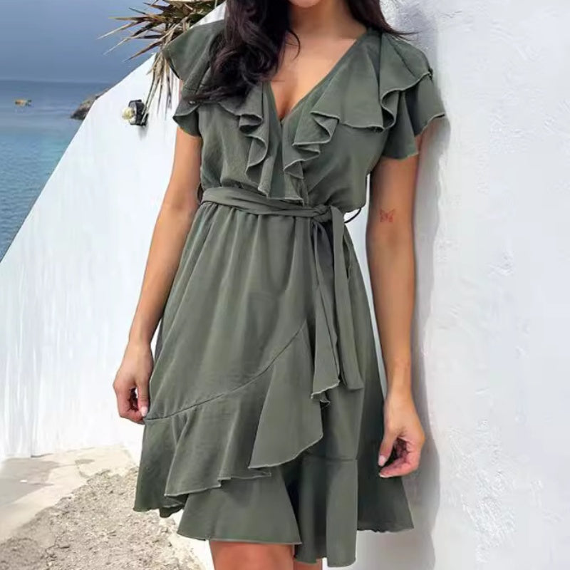 🔥 Hot Sale 🔥Robe élégante à taille nouée et col en V à volants pour femmes