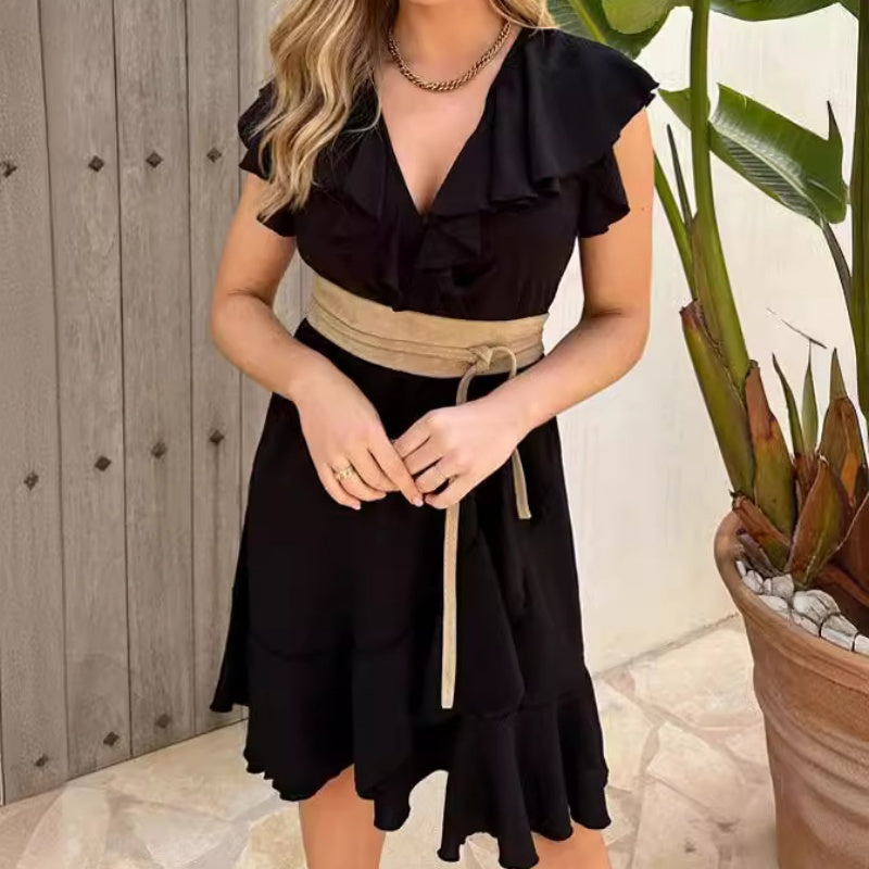 🔥 Hot Sale 🔥Robe élégante à taille nouée et col en V à volants pour femmes