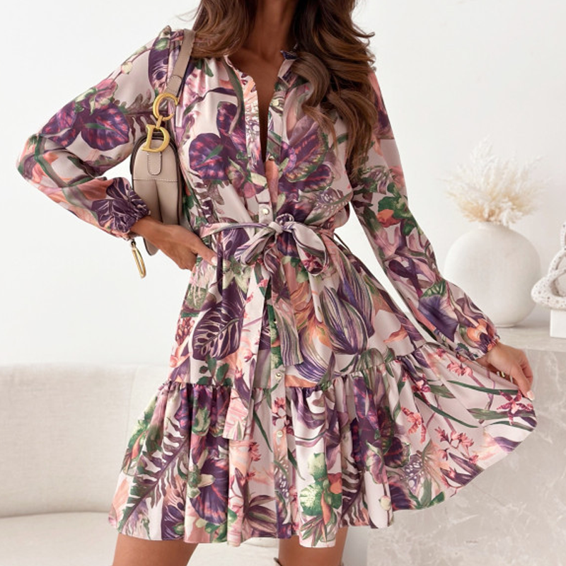 🌴Spécial étés🌴Robe chemise froncée à la taille avec motif floral