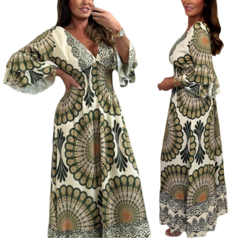 Robe longue rétro bohème à col en V profond pour femme