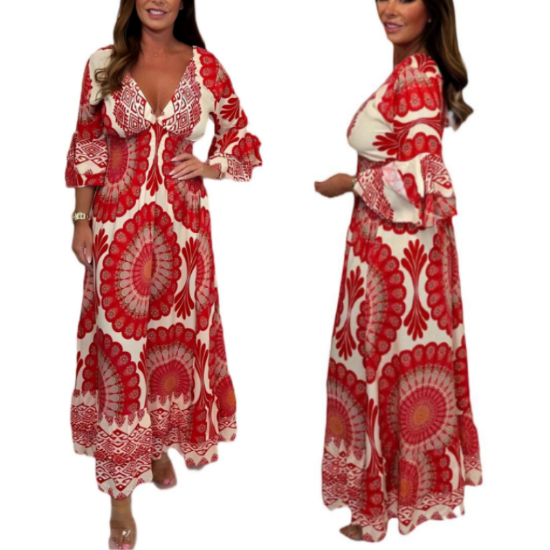Robe longue rétro bohème à col en V profond pour femme